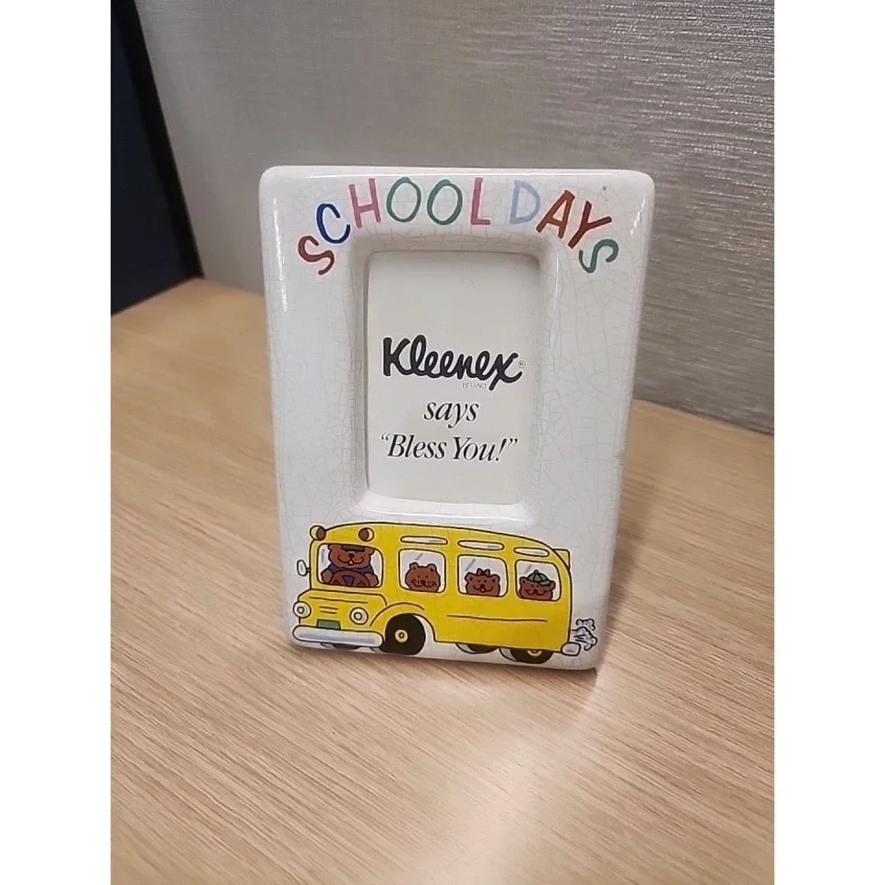 Vintage Russ‎ Berrie And Co. 3.5 X 3.5 SCHOOL DAYS Ceramic Photo Frame Bears Bus